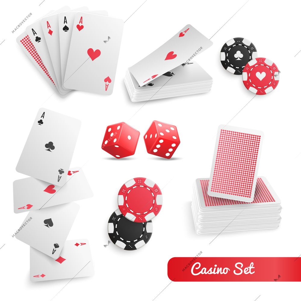 Casino supply realistic accessories set with playing cards set poker chips and dices white background vector illustration