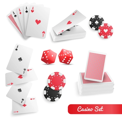 Casino supply realistic accessories set with playing cards set poker chips and dices white background vector illustration