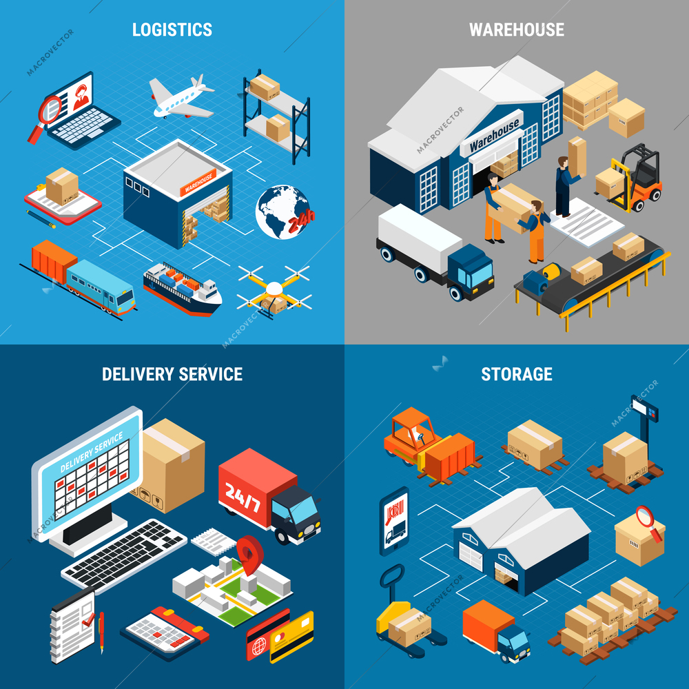 Logistics 2x2 isometric design concept with warehouses cargo vehicles and delivery service 3d isolated vector illustration