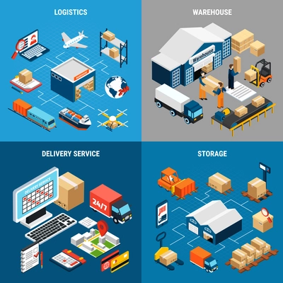 Logistics 2x2 isometric design concept with warehouses cargo vehicles and delivery service 3d isolated vector illustration