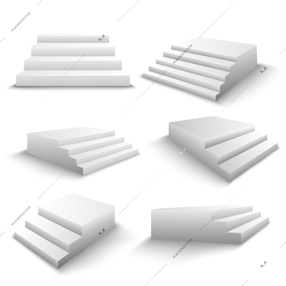 White stairs 6 realistic 3d elements set with various viewpoints and shadows isolated vector illustration