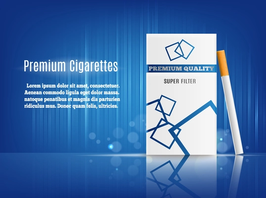 Premium cigarettes realistic composition advertisement poster with hard pack on sea blue reflective surface and background vector illustration