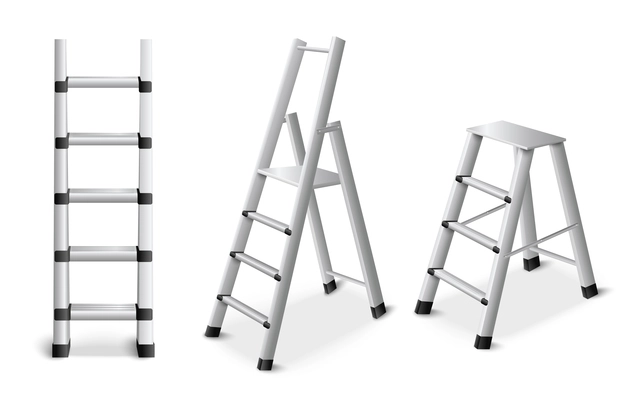 Metal step leaning and standing ladders for construction renovation and reparation work realistic set isolated vector illustration