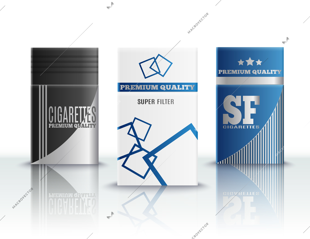 Premium quality cigarettes stylish hard packs design realistic set of 3 on reflective surface 3d vector illustration