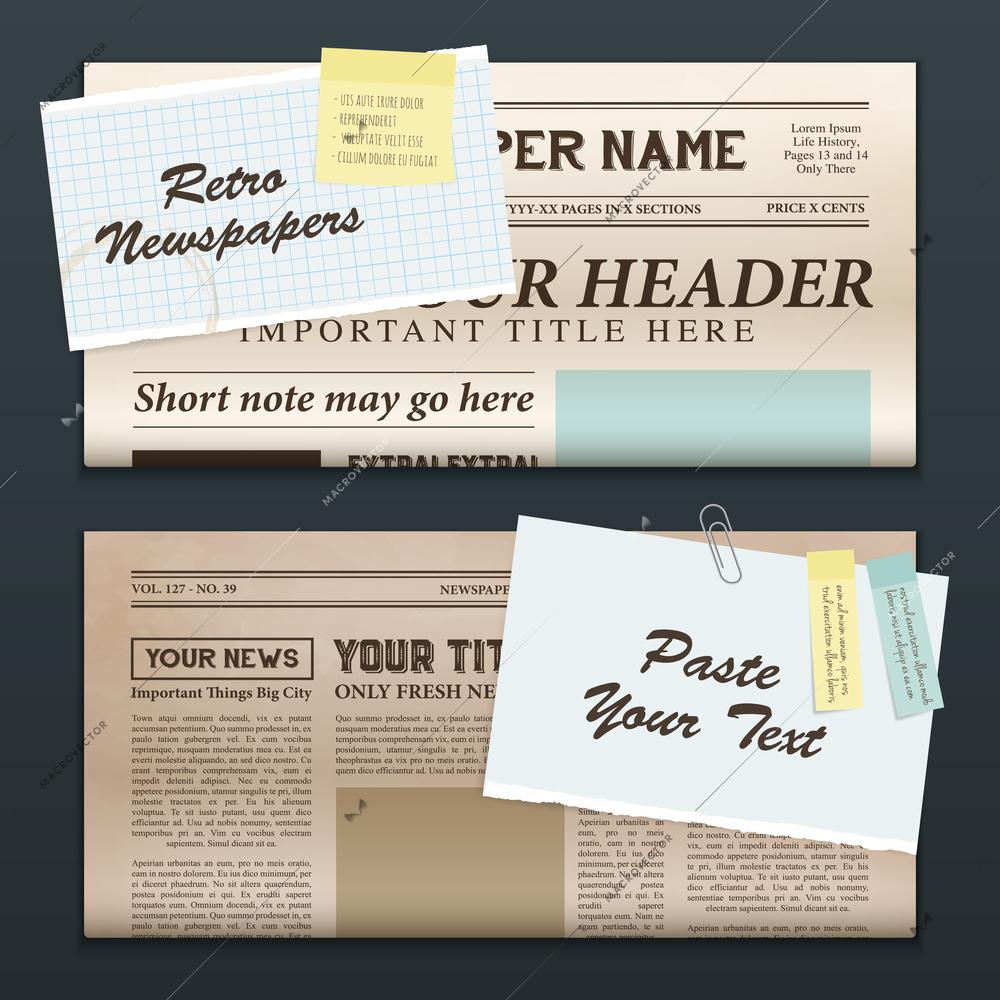 Vintage newspapers templates 2 top half front pages realistic retro horizontal banners set isolated vector illustration