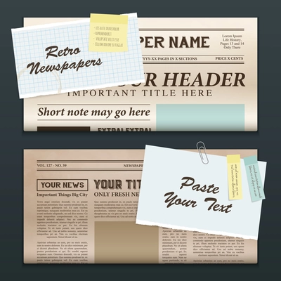 Vintage newspapers templates 2 top half front pages realistic retro horizontal banners set isolated vector illustration