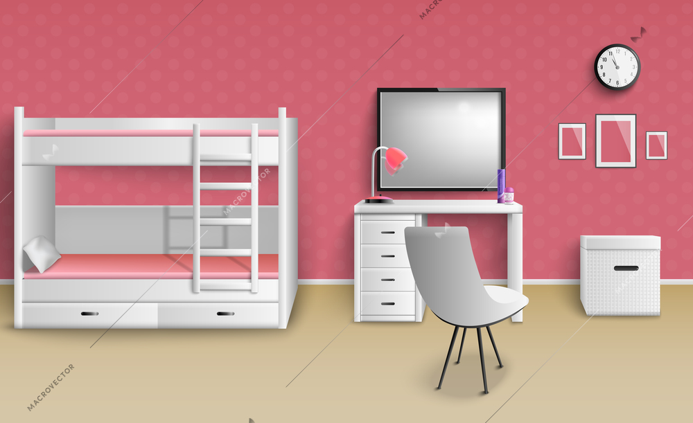 Teen girl room interior realistic image with furniture lamp clock bunk bed desk whiteboard chair vector illustration