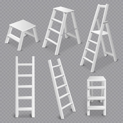 Multi purpose ladders realistic 3d collection including folding standing leaning and step stool transparent white vector illustration