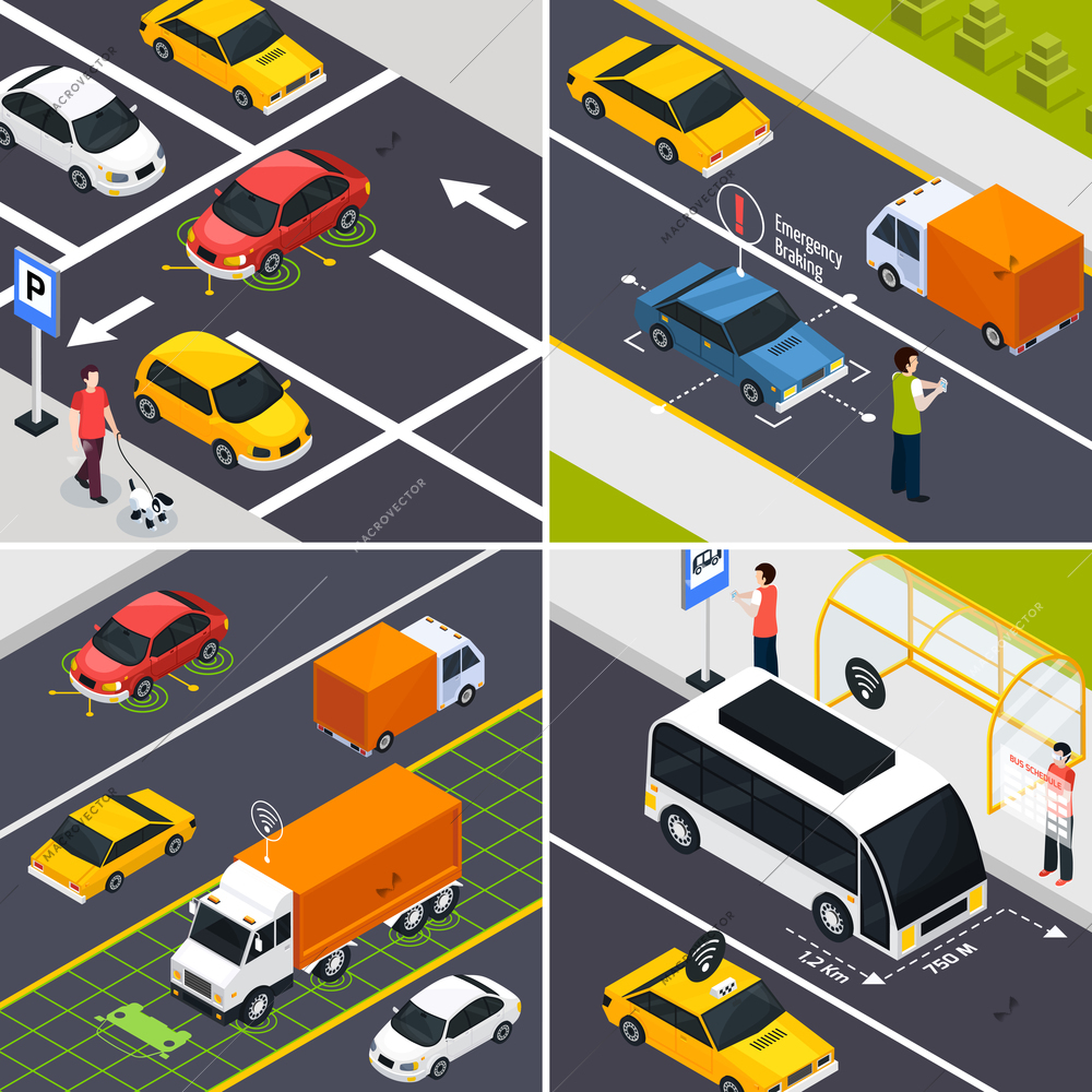 Autonomous vehicle 2x2 design concept set of fragments of city roads with wireless driverless transportation traffic isometric vector illustration