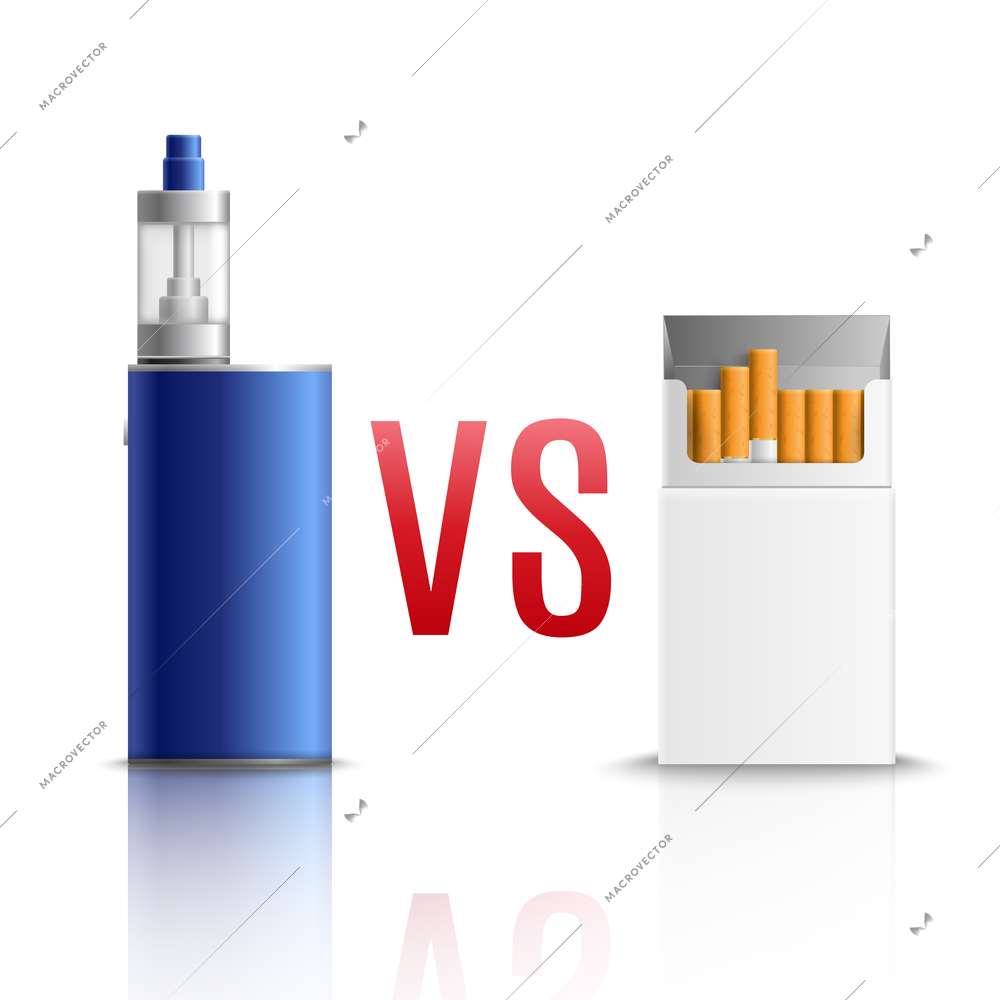 Cigarettes vs vaping realistic composition of white blank cigarette pack and blue atomizer device reflection vector illustration