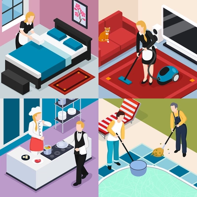 Home staff 2x2 design concept set of people engaged in cleaning washing cooking and routine work isometric vector illustration