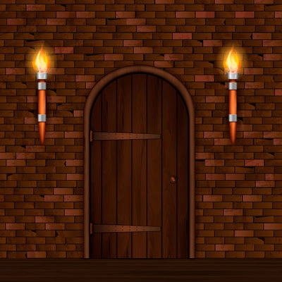 Entrance doors facade realistic 3d composition with brick wall two torch lights and arched wooden door vector illustration