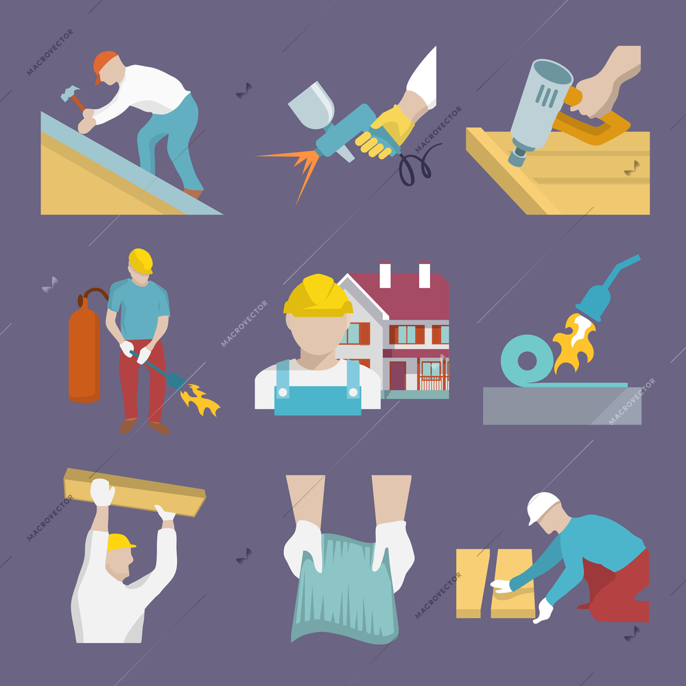 Roofer profession house improvement flat icons set isolated vector illustration