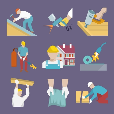 Roofer profession house improvement flat icons set isolated vector illustration