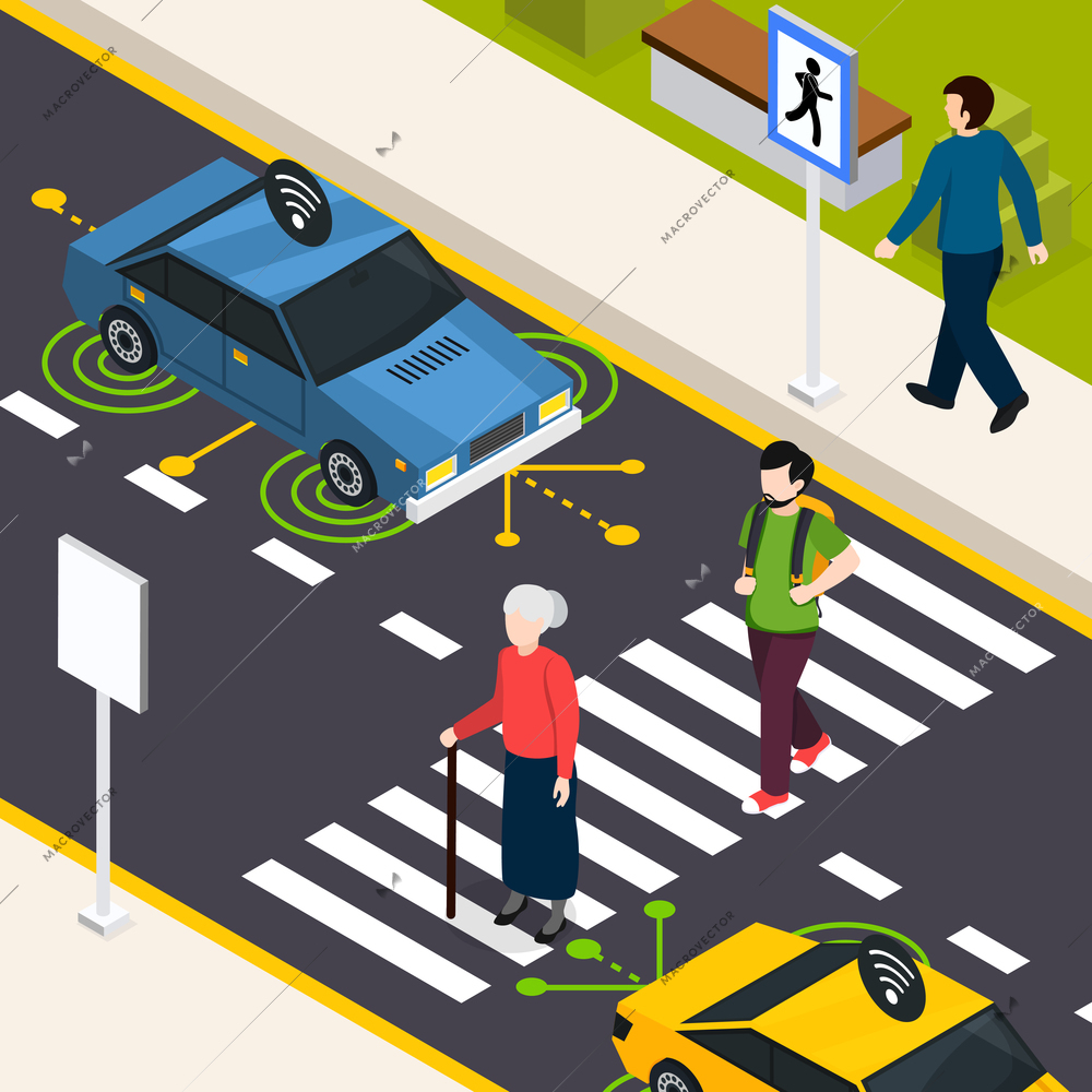 City crosswalk isometric background with pedestrians crossing street and autonomous driverless car on road vector illustration