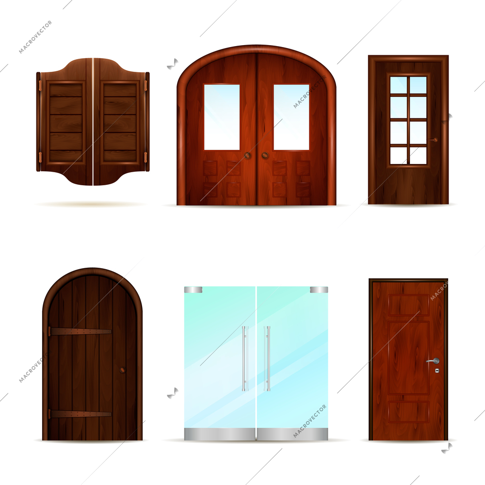 Entrance doors set of realistic 3d images with vintage classic and modern doors made of different materials vector illustration