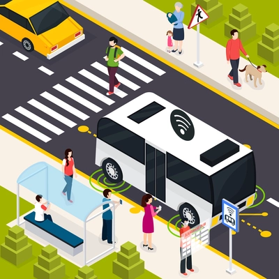 Autonomous vehicle isometric composition with pedestrians on crosswalk passenger on public transport stop waiting unmanned bus vector illustration