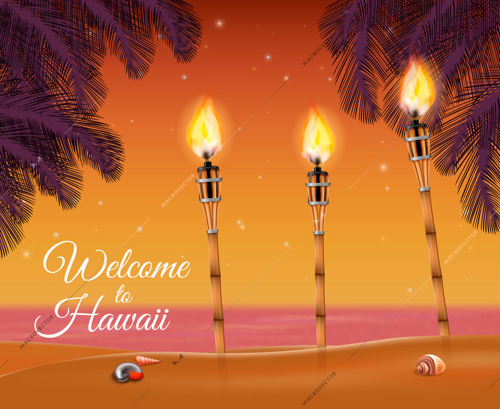 Torch on beach realistic composition with decorative text and traditional hawaiian torchlights on sandy shore vector illustraton