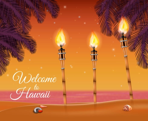 Torch on beach realistic composition with decorative text and traditional hawaiian torchlights on sandy shore vector illustraton