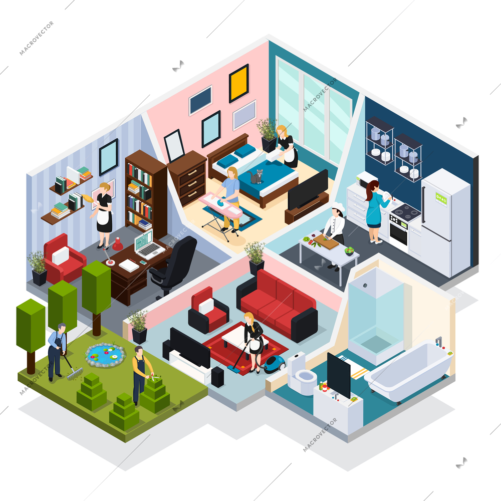 Home staff performing routine work indoor and outdoor with maid gardner chef isometric  vector illustration