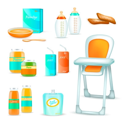 Baby food realistic 3d set of isolated childhood nutrition icons and high chair for feeding child vector illustration