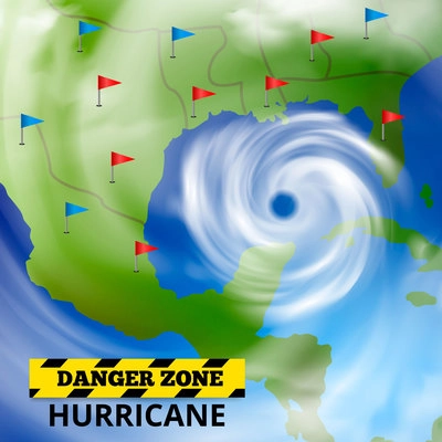 Storm hurricane tornado map realistic composition with weather forecast screen spiral cloud image and text vector illustration