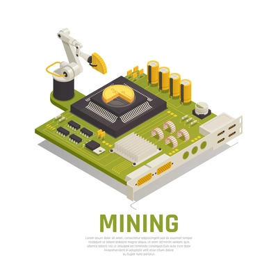 Blockchain cryptocurrency isometric composition concept with graphics processor unit board and robotic manipulator loading golden coins vector illustration