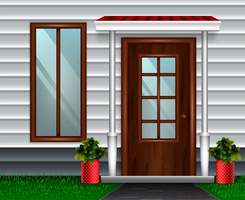 Entrance doors facade realistic 3d composition with view of entrance to private residence with front porch vector illustration