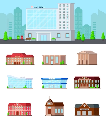 Municipal buildings flat set of isolated icons on blank background with hospital in city landscape composition vector illustration