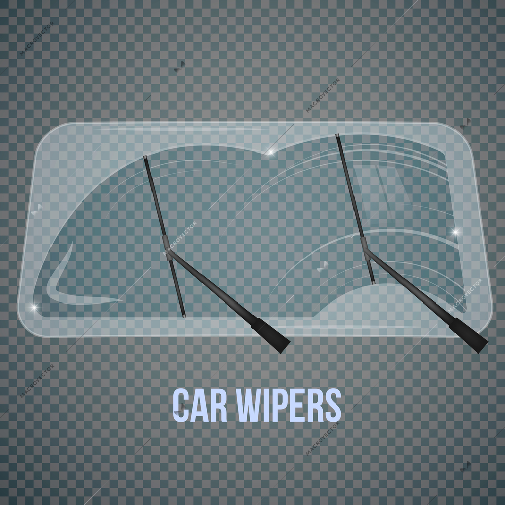 Car windscreen wipe glass realistic composition with isolated wind shield and flat wiper images on transparent background vector illustration