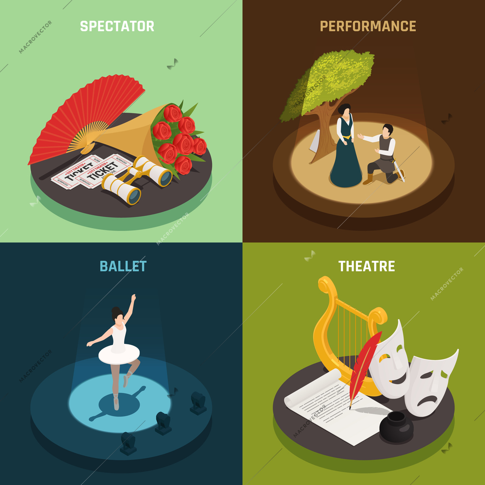 Theatre isometric icons 2x2 design concept with simple compositions of theatrical equipment and actors with text vector illustration