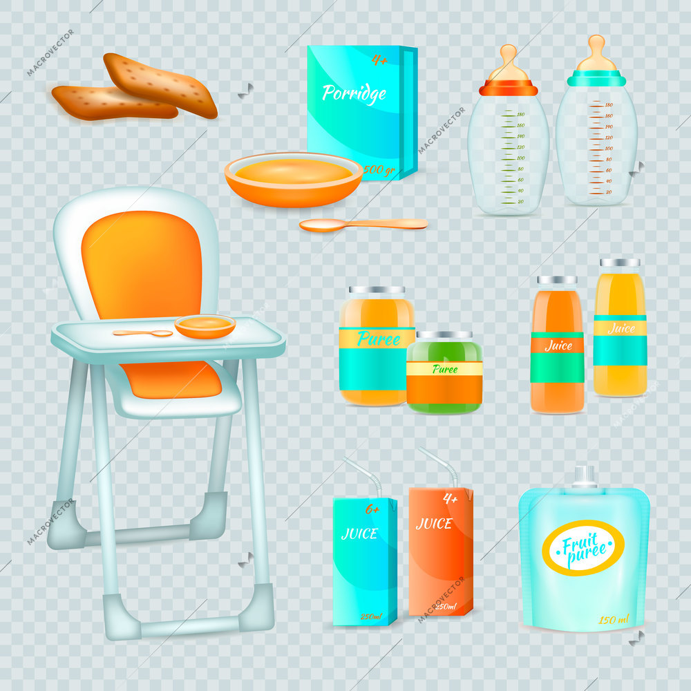 Baby food realistic 3d transparent collection of isolated essential elements for feeding infant with high chair vector illustration