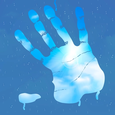 Wipe glass cleaning concept composition of realistic wind screen and human hand stain with clear sky background vector illustration