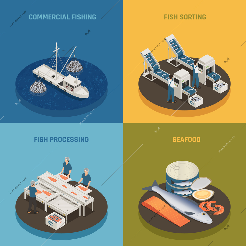 Fish industry seafood production isometric 2x2 design concept with fishing vessels plant facilities and food with text vector illustration