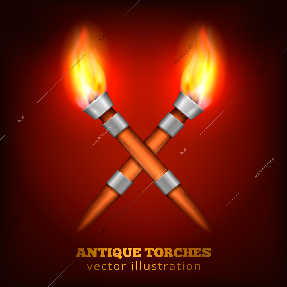 Crossed torches realistic composition with two burning torchlights made of wood and steel with text vector illustration