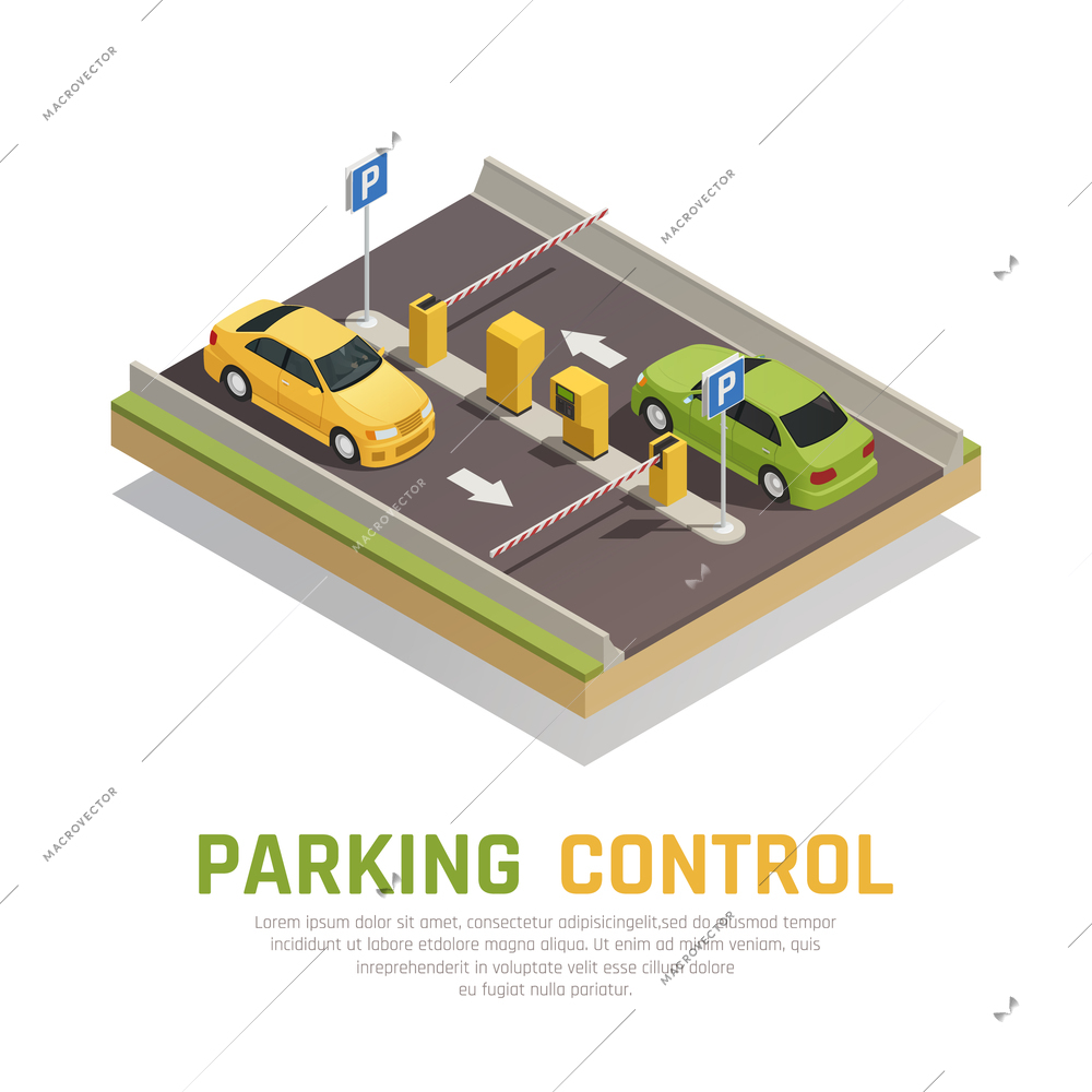 Access identification isometric composition with images of closed gate arms and cars with automatic paygate terminals vector illustration