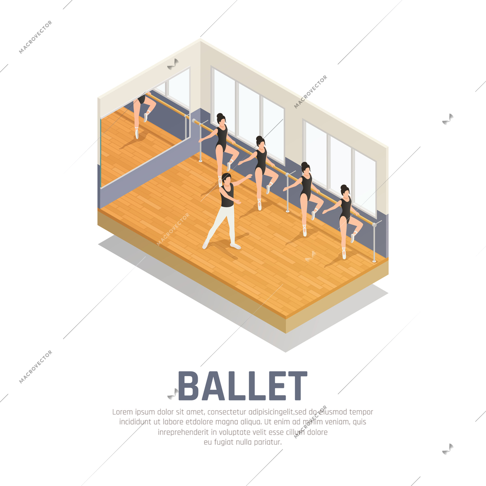 Theatre isometric icons composition with editable text and human characters of ballet dancers in rehearsal hall vector illustration