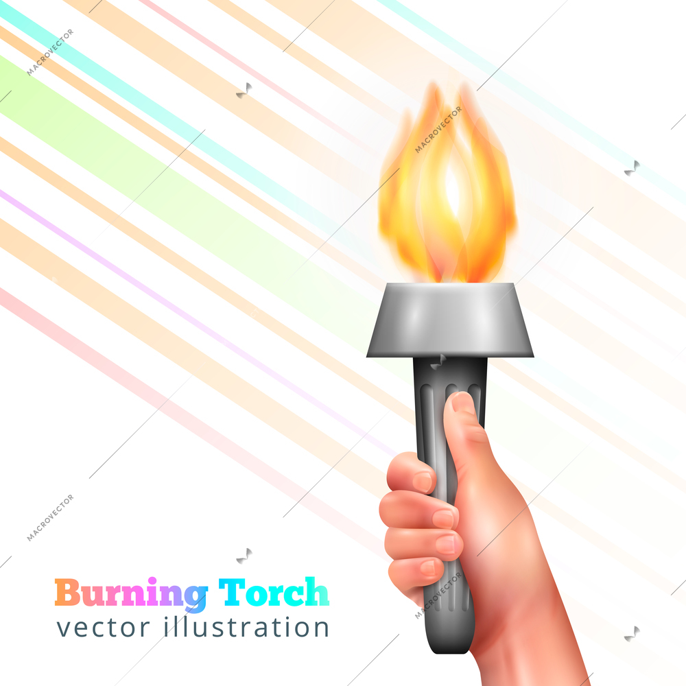 Torch in hand realistic composition with human hand holding metal torchlight with flame and colourful lines vector illustration