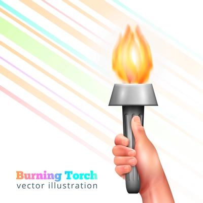 Torch in hand realistic composition with human hand holding metal torchlight with flame and colourful lines vector illustration