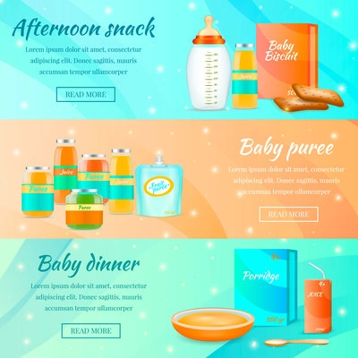 Baby food banners realistic 3d collection with read more button text and infant food package images vector illustration