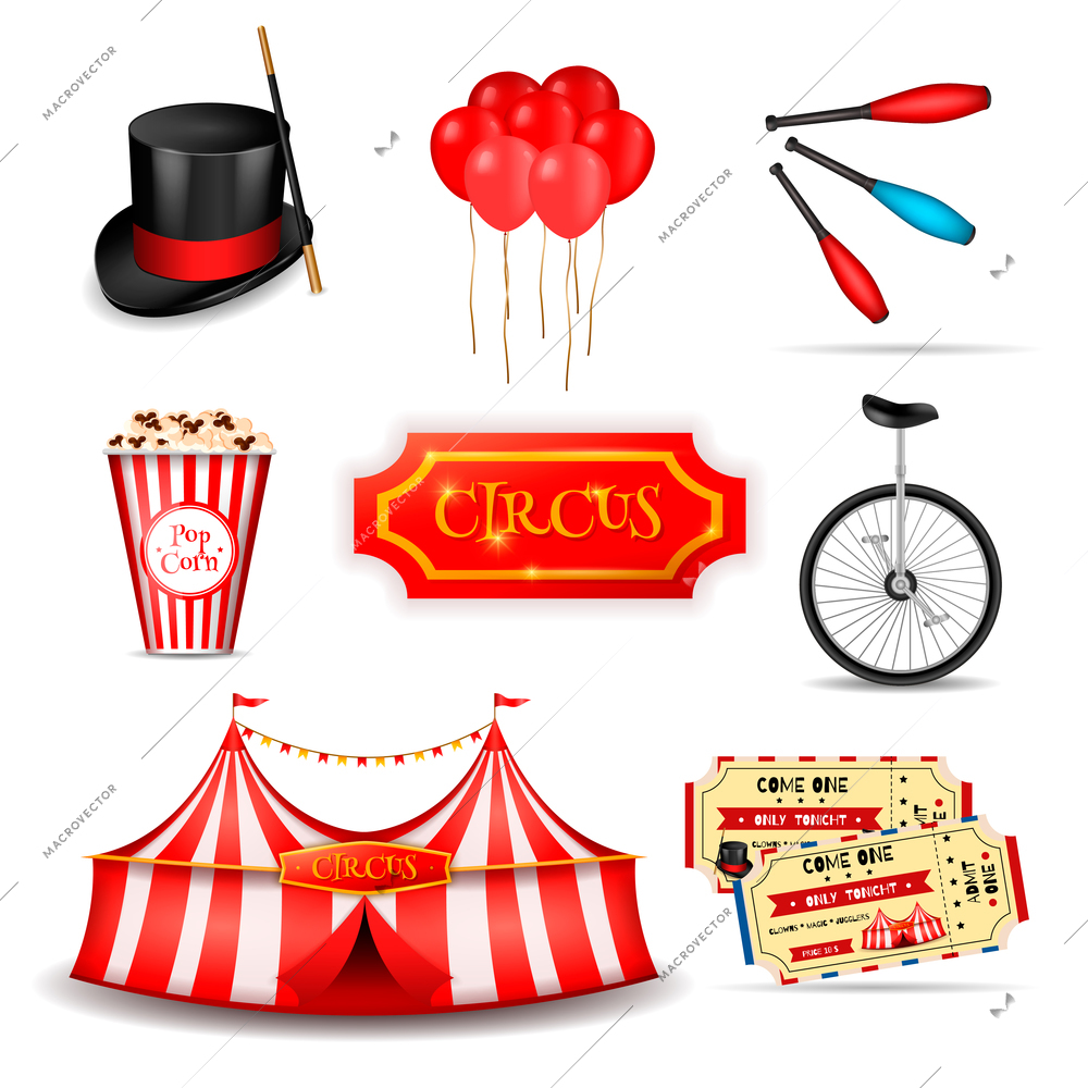 Circus set of realistic 3d icons with essential elements tickets and stripped tent images with shadows vector illustration