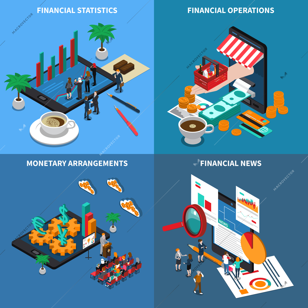 Financial technology, statistics and economy news, monetary arrangements, trading operations, isometric design concept, isolated vector illustration