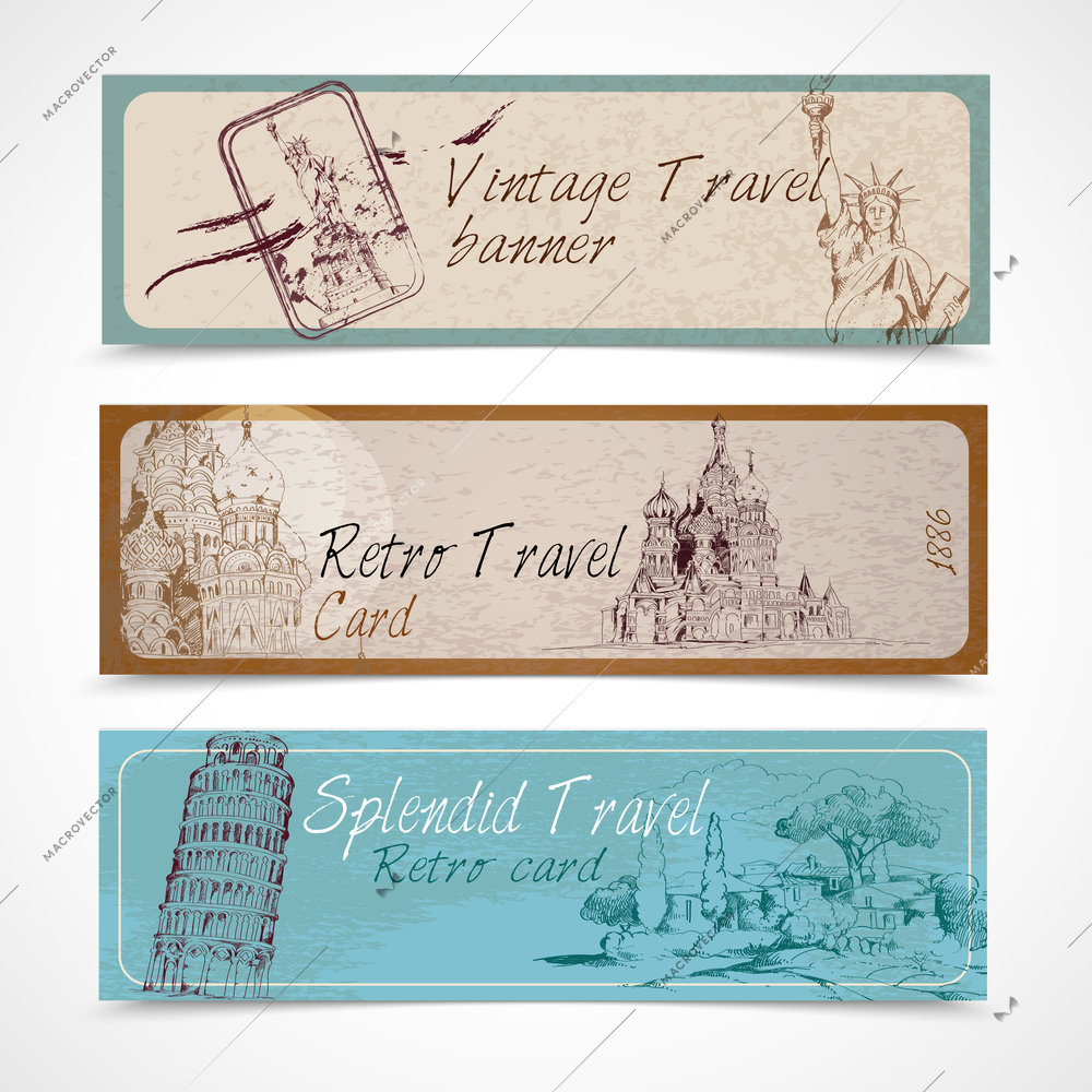 World landmark vintage retro splendid travel card banners set isolated vector illustration.