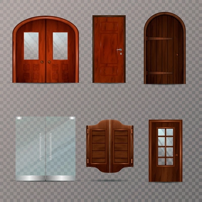 Entrance doors set of realistic 3d images on transparent background with modern and classic design options vector illustration