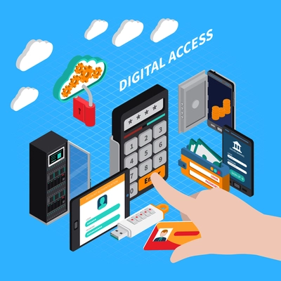 Digital access isometric composition with combination lock, id card, authorization and authentication on blue background vector illustration