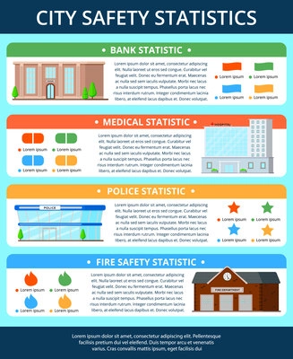 Municipal buildings flat infographics with pictograms and images of modern city buildings with editable text paragraphs vector illustration