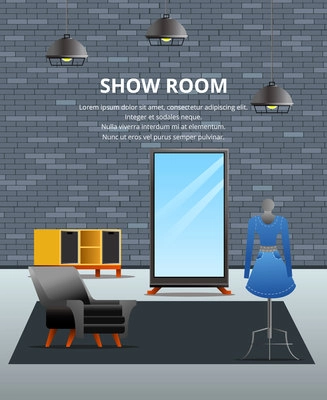 Loft interior gradient flat composition with indoor view mirror and mannequin in show room with text vector illustration