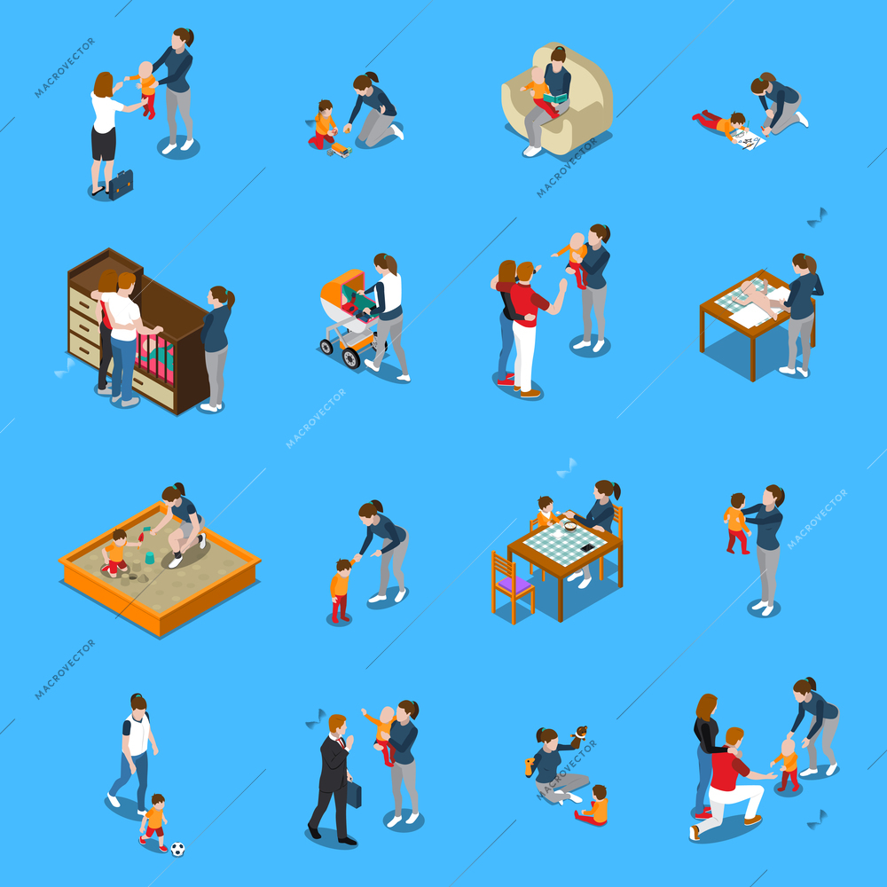 Baby sitter during child care, parents leaving for work, isometric people on blue background isolated vector illustration