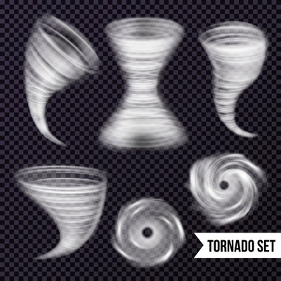 Storm hurricane tornado cyclone realistic set with isolated images of airy spiral swirls on transparent background vector illustration