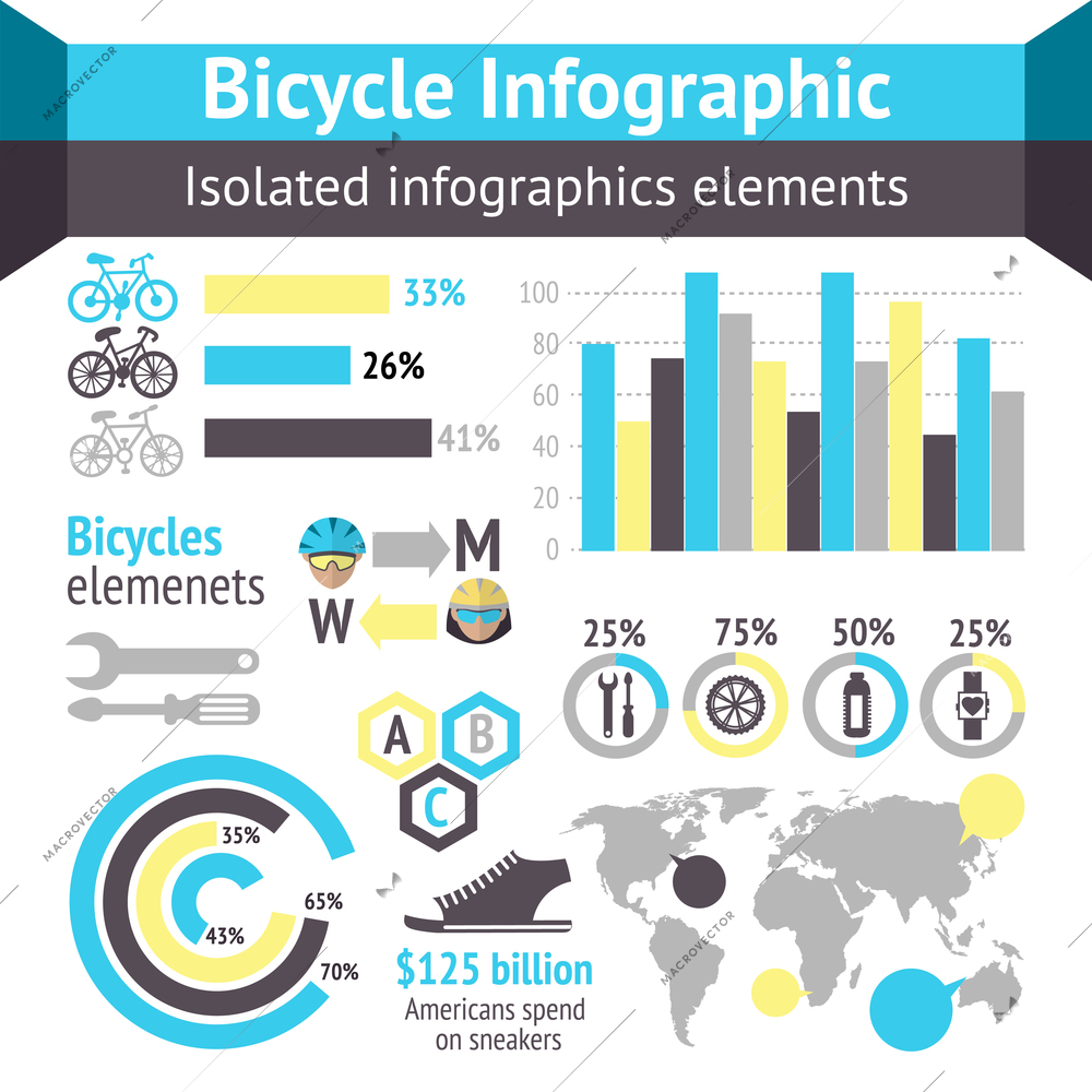 Bicycle sport fitness infographic elements with charts and diagrams vector illustration